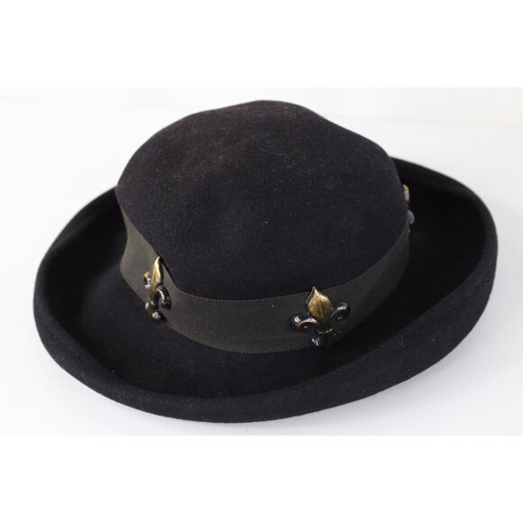 Vintage 90s Express Felt Wool Fleur de Lis Boho Chic Hat Cap Black Womens 23\